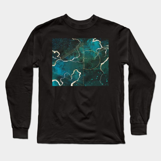 Alcohol ink in blue and turquoise w. gold lines and geometry Long Sleeve T-Shirt by CreaKat